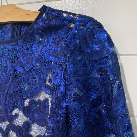Belle Badgley Mischka | Dress Gloria Blue Sequin Short Sleeve Knee Length NWT- 8 - Picture 4 of 10